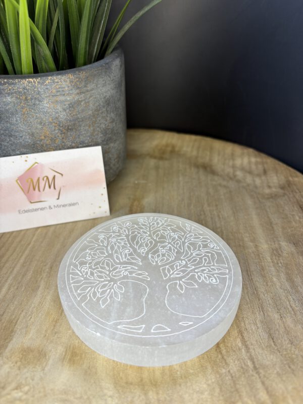 Seleniet Schijf met Gegraveerde Boom – 10 cm