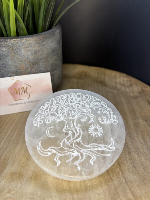 IMG_8910 Seleniet Schijf met Gegraveerde Boom, Zon & Maan – 10 cm