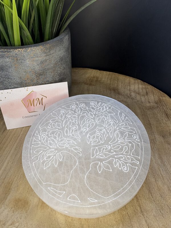 Seleniet Schijf met Gegraveerde Boom – 12 cm