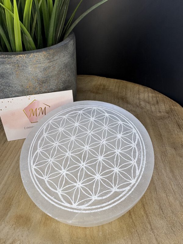 Seleniet Schijf met Gegraveerde Flower of Life – 12 cm