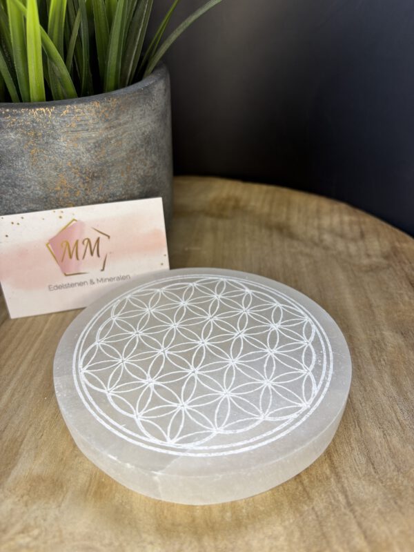 Seleniet Schijf met Gegraveerde Flower of Life – 12 cm