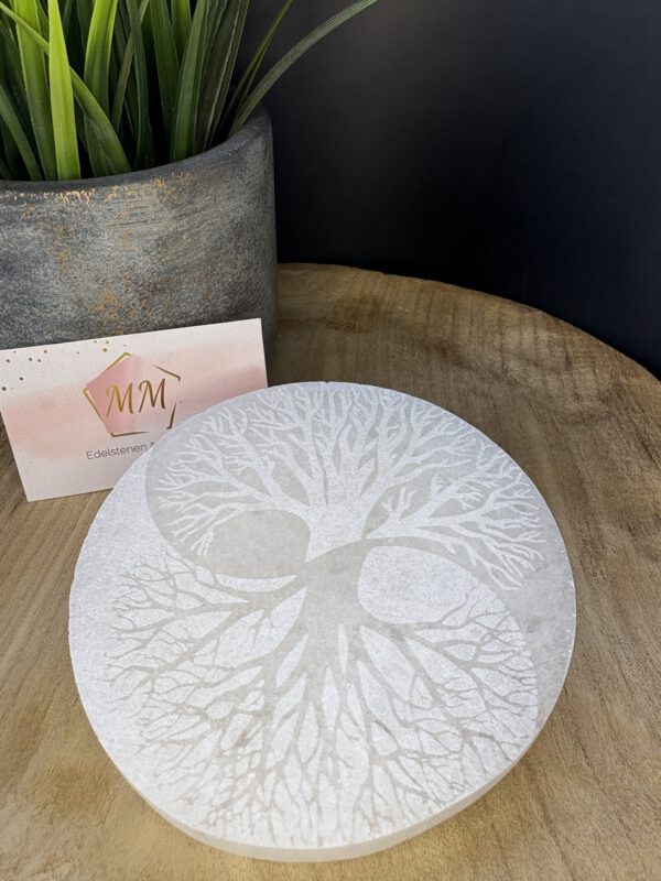 IMG_8920 Seleniet Schijf met Gegraveerde Ying Yang Boom – 12 cm