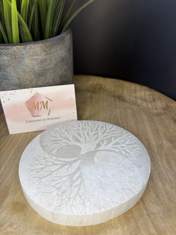 IMG_8921 Seleniet Schijf met Gegraveerde Ying Yang Boom – 12 cm