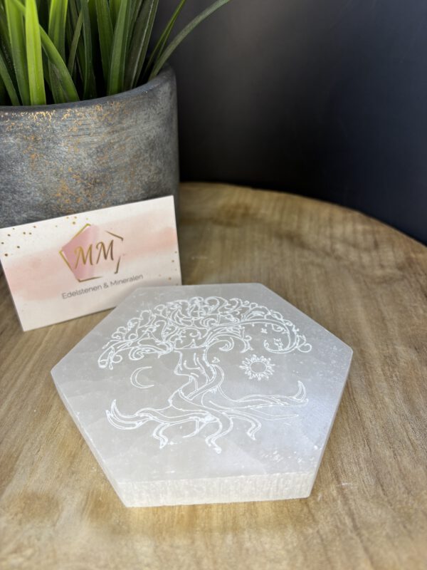 Seleniet Hexagon – 12 cm met Gegraveerde Boom, Zon & Maan