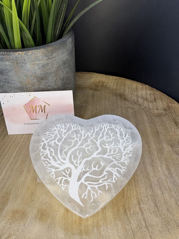 Seleniet Hart-Schijf – 10 cm met Gegraveerde Levensboom